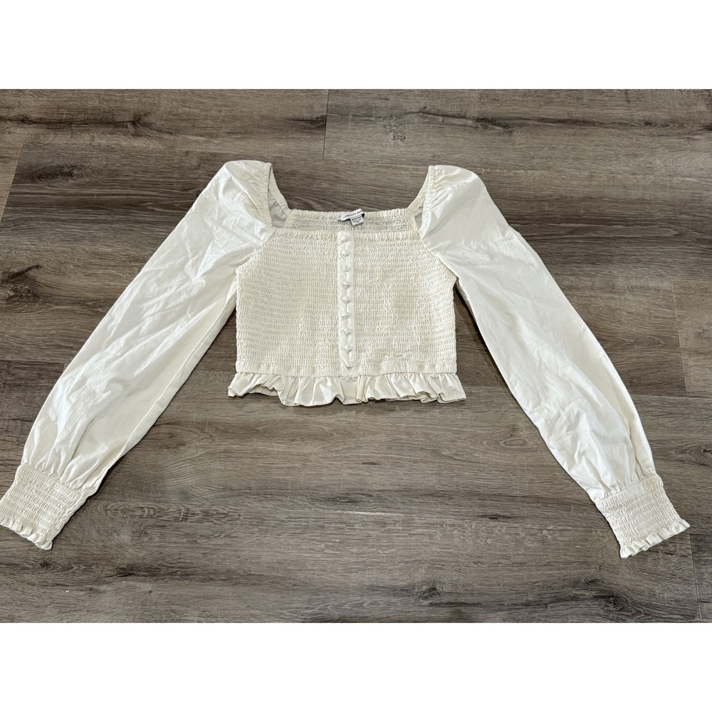 American Eagle Smocked Puff Sleeve Crop Top Ivory Cream XS Button Front Boho